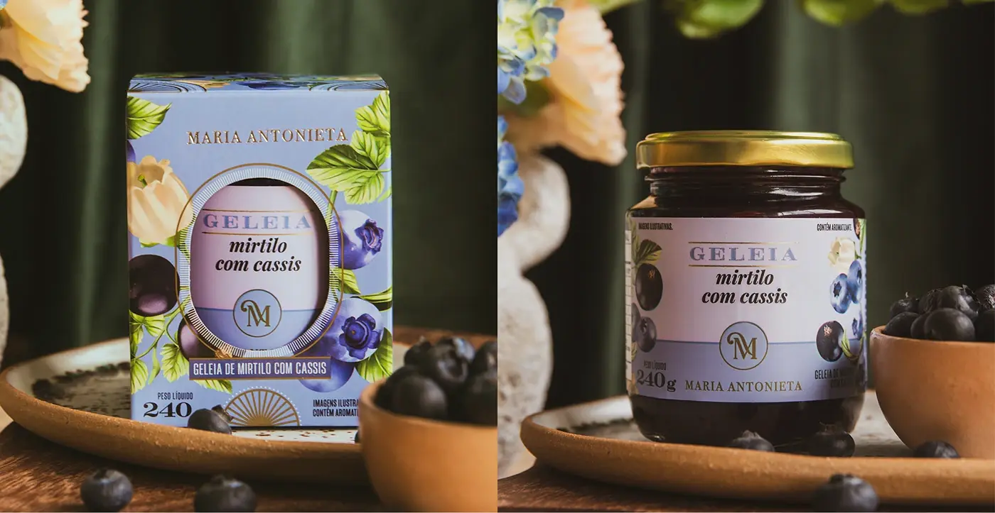 Geleia de mirtilo com cassis, caixa e pote