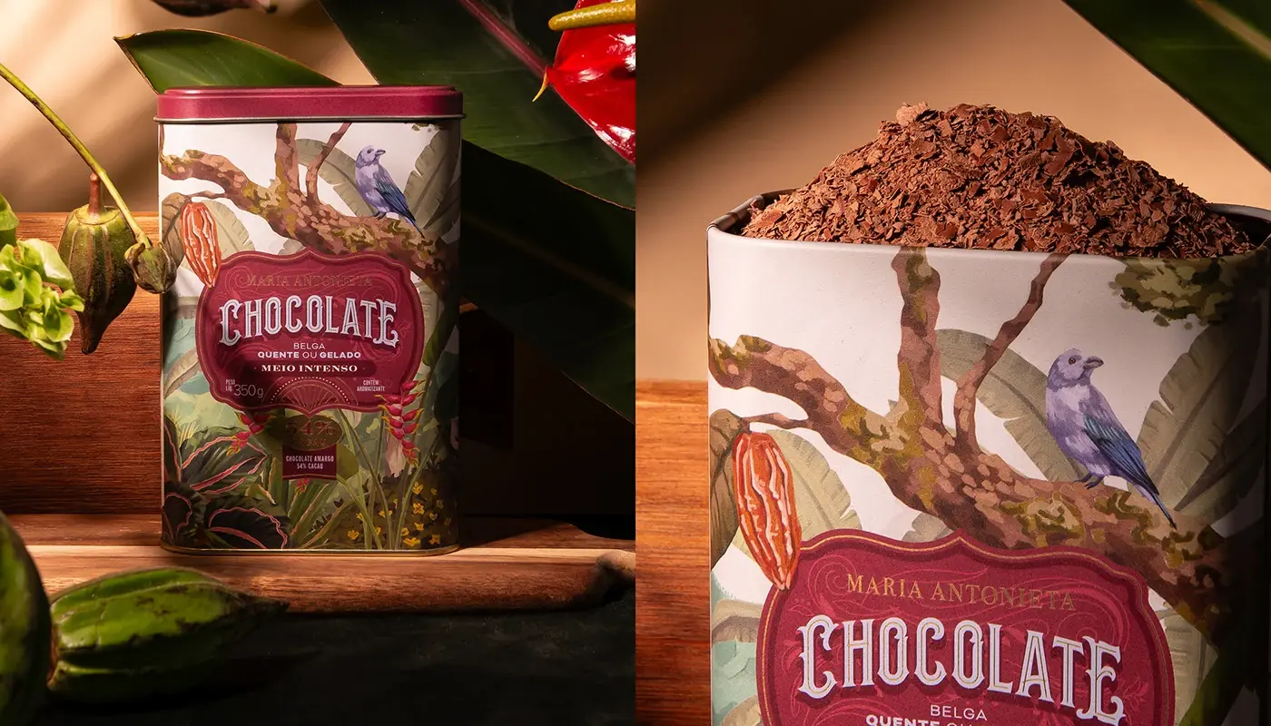 Lata de chocolate com ilustração de pássaros