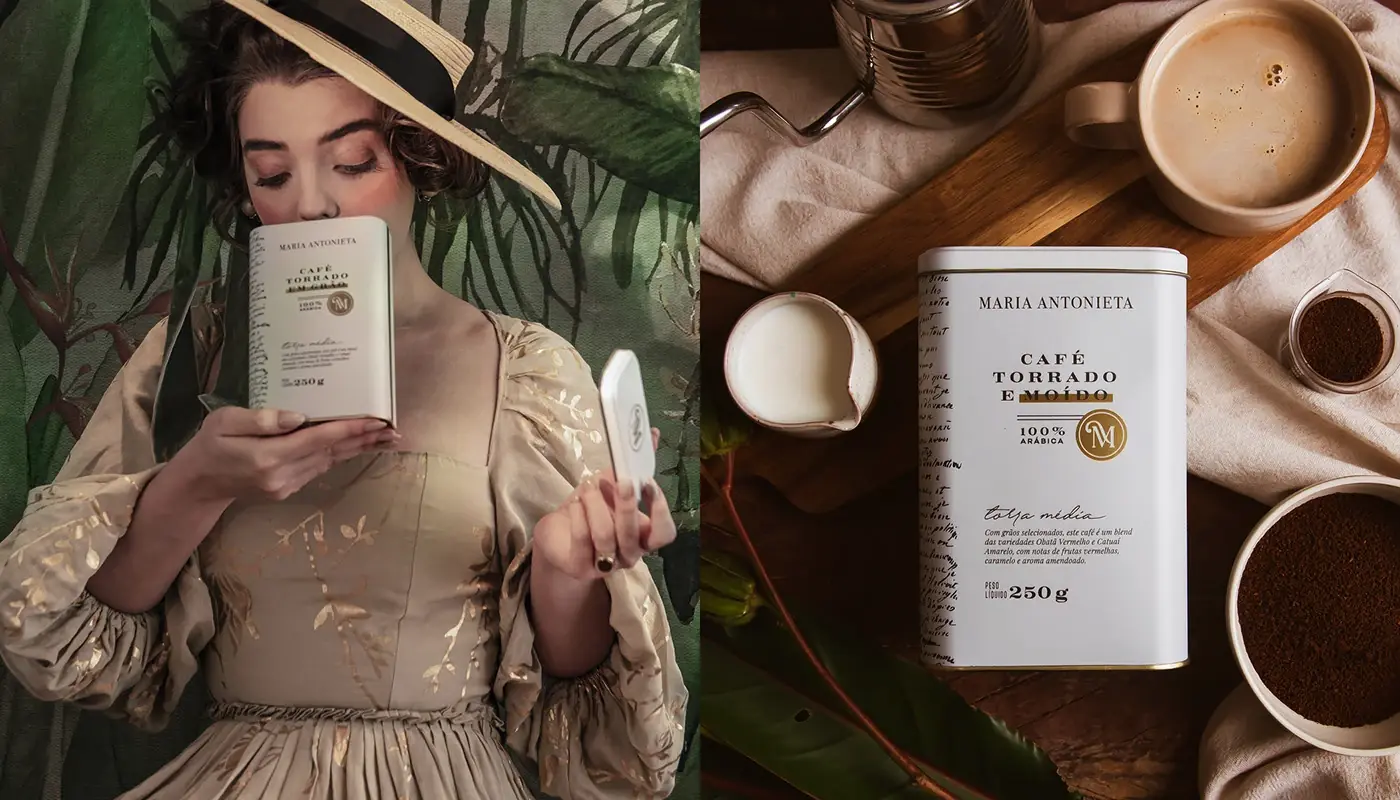 Embalagem de café com a carta histórica