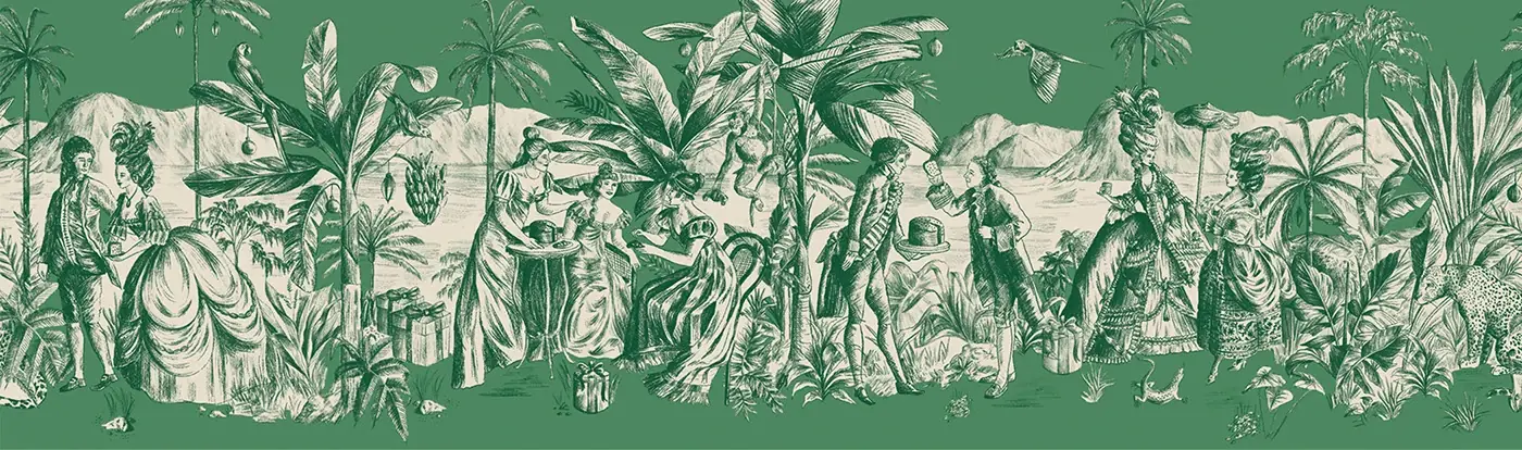 Padrão toile verde com cenas tropicais