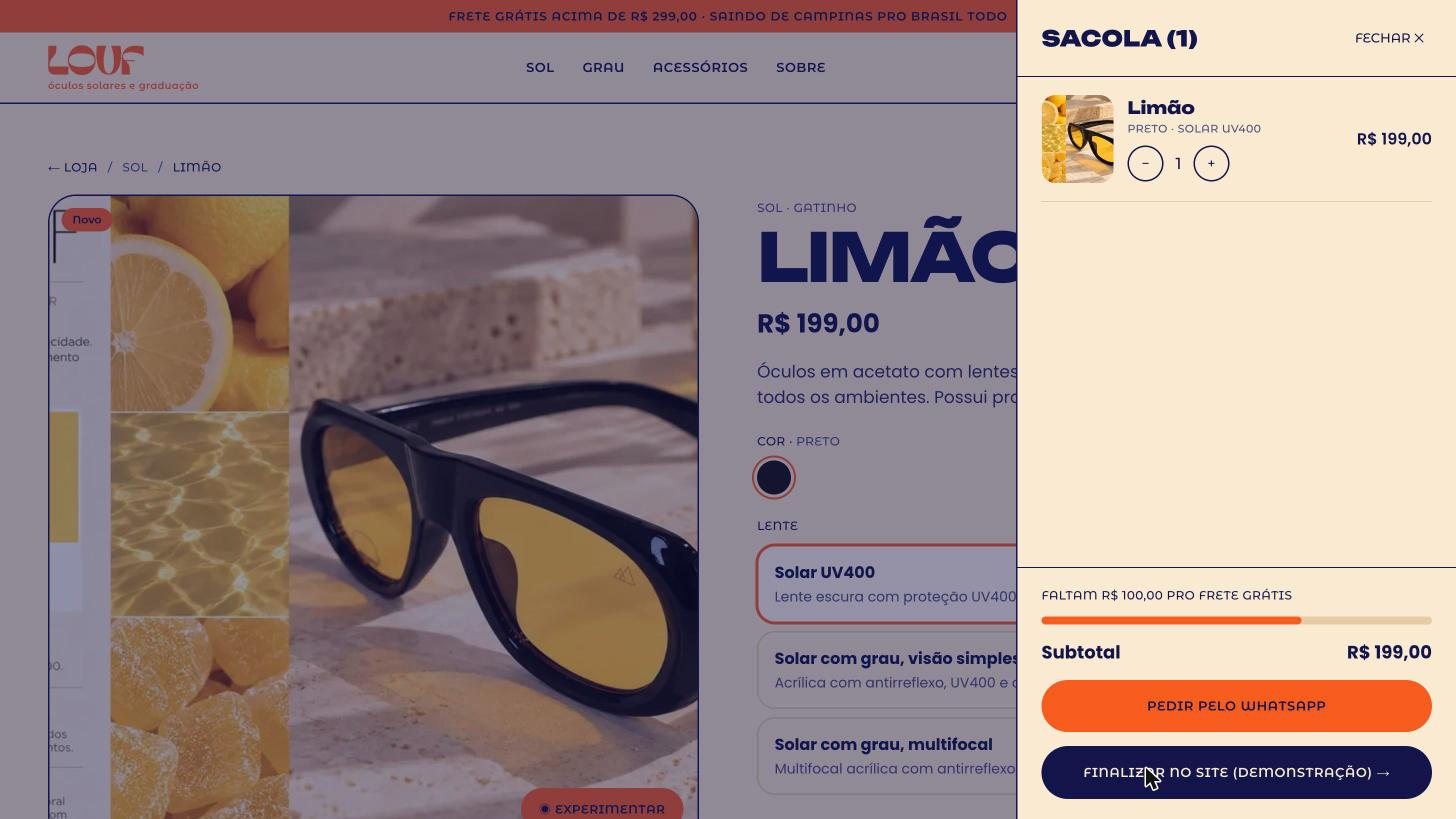 Sacola com a barra de frete grátis